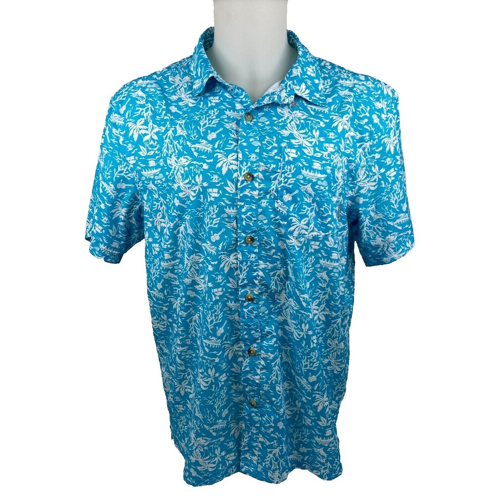 Columbia PFG Men Large Blue Tropical Shirt Omni Shade Lightweight Outdoor Vented